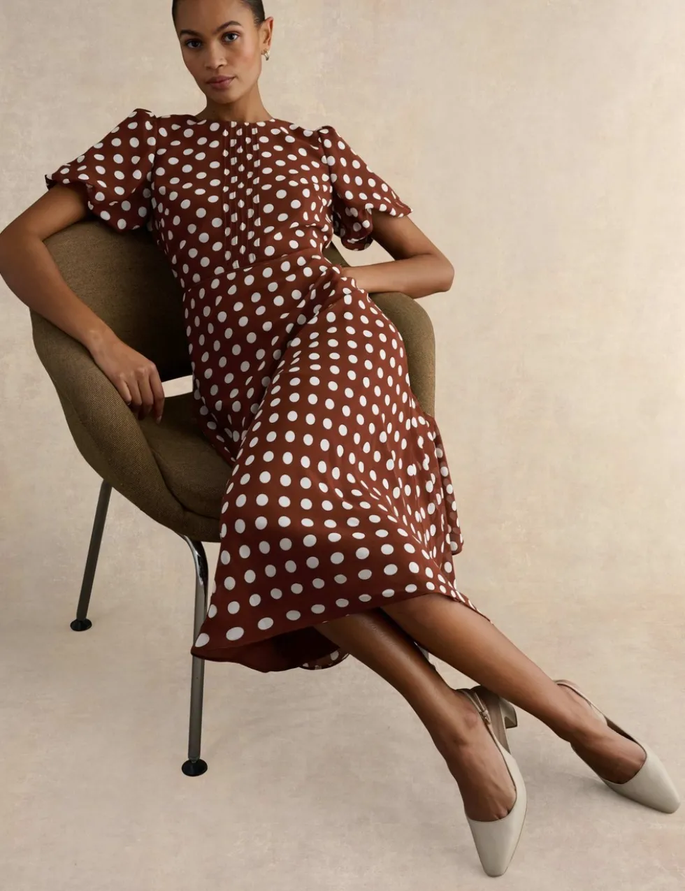Polka Dot Puff Sleeve Midi Skater Dress