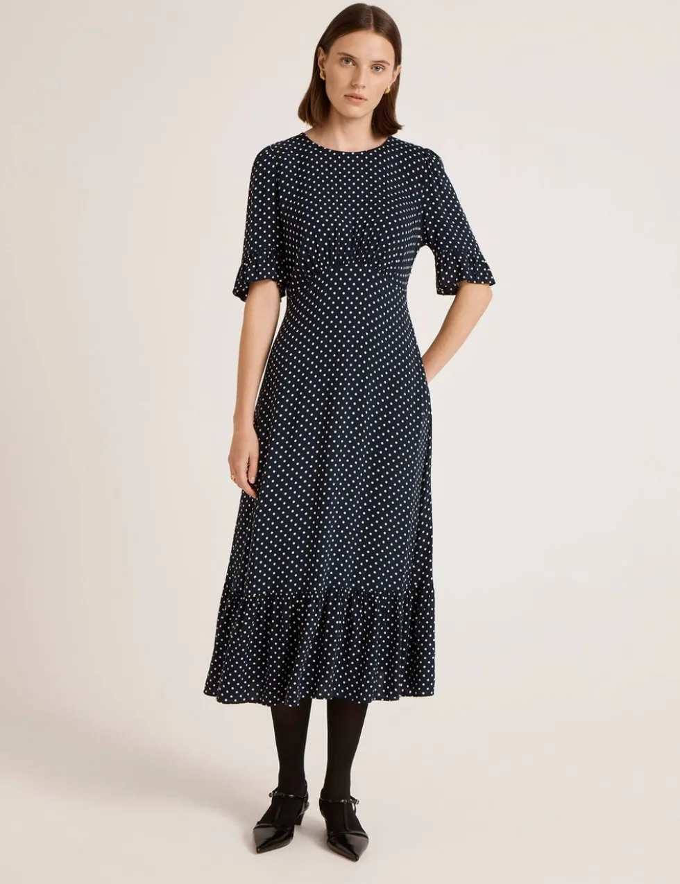 Polka Dot Round Neck Midi Tea Dress