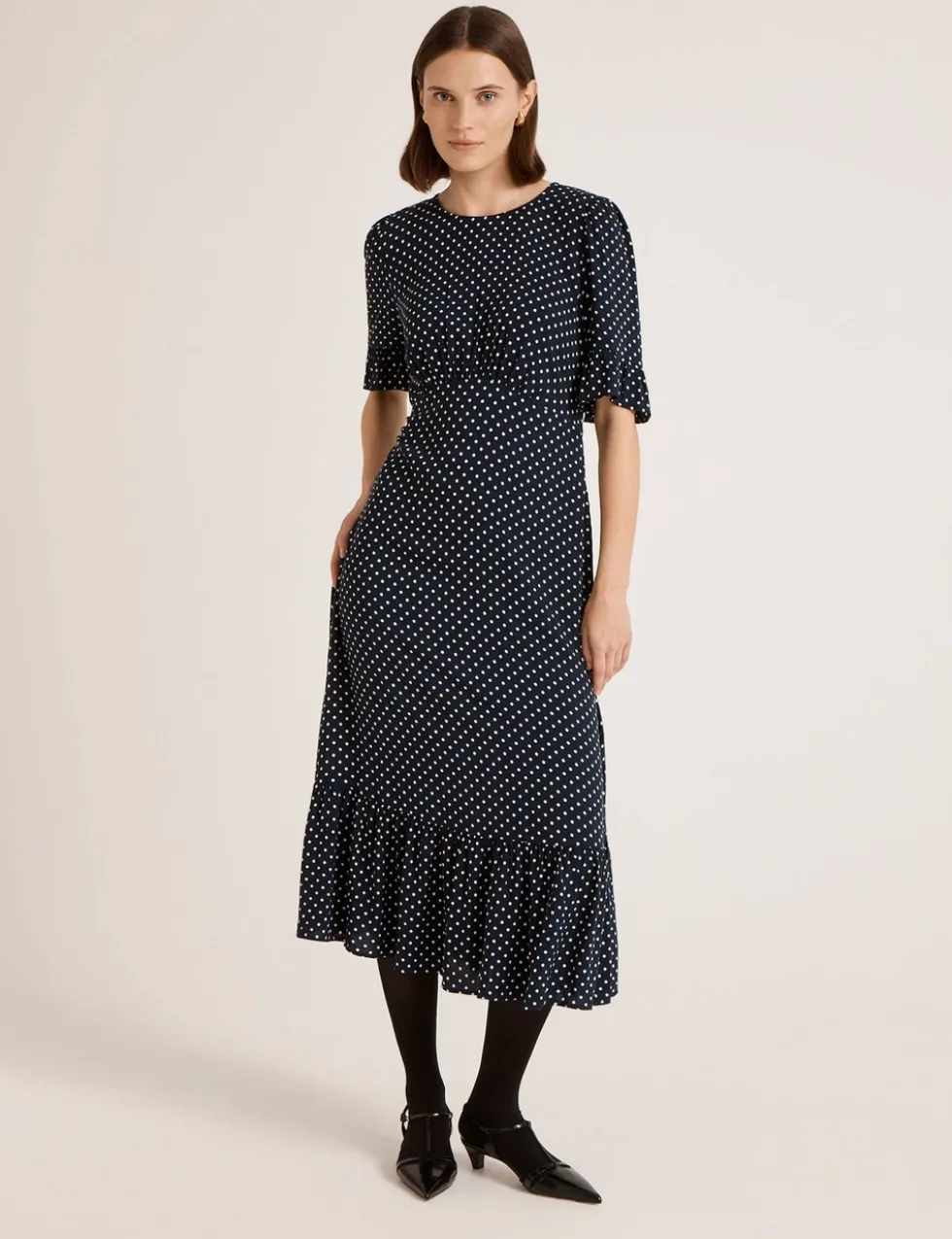 Polka Dot Round Neck Midi Tea Dress