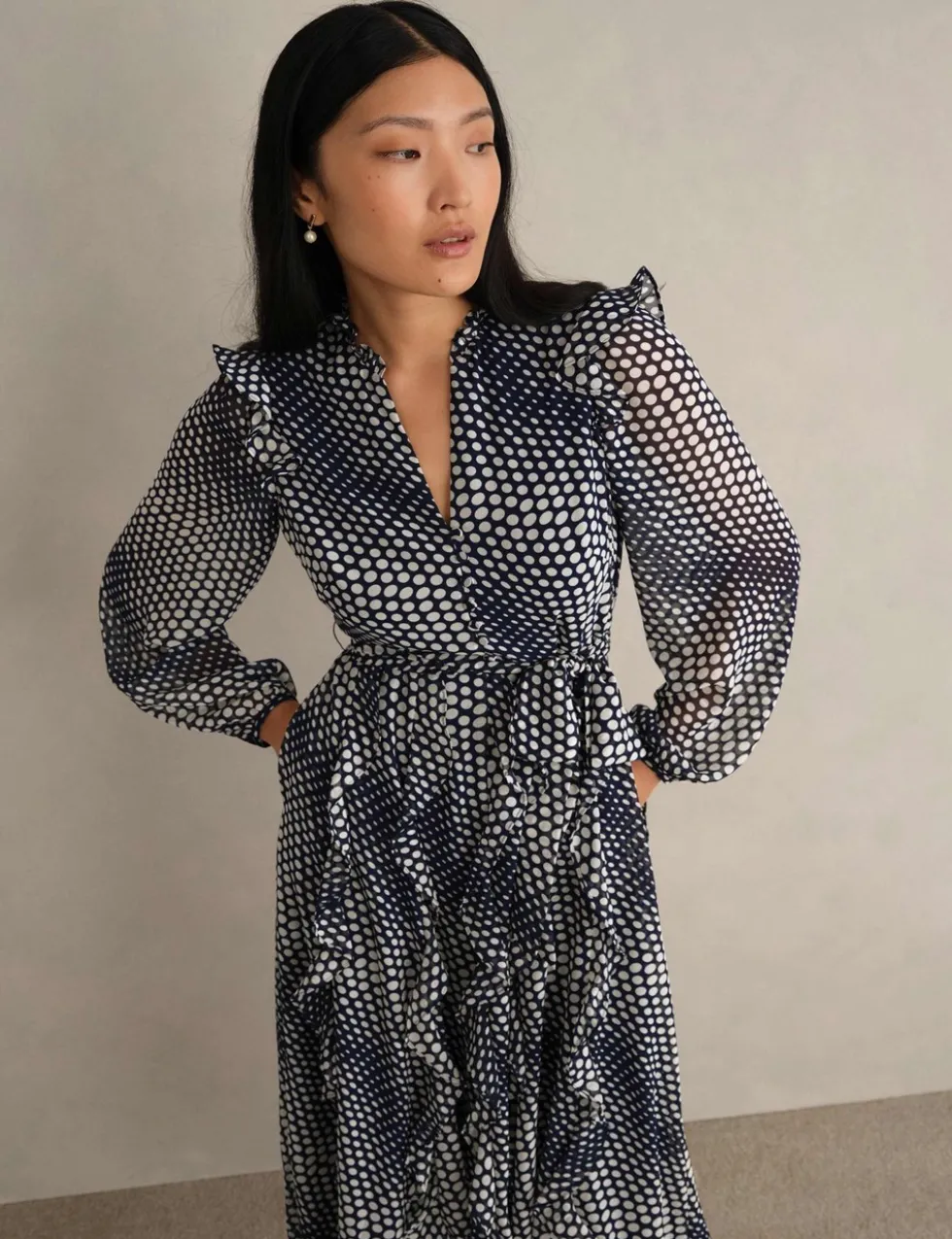 Polka Dot Ruffle Knee Length Wrap Dress