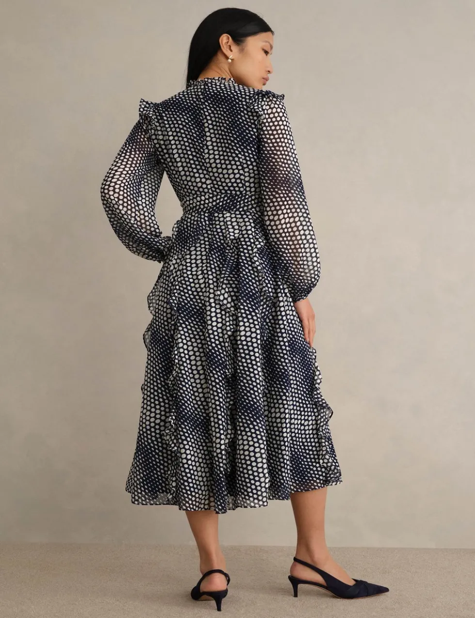 Polka Dot Ruffle Knee Length Wrap Dress