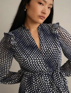 Polka Dot Ruffle Knee Length Wrap Dress