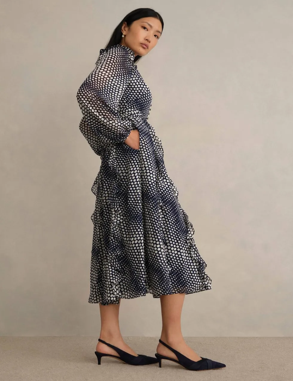 Polka Dot Ruffle Knee Length Wrap Dress