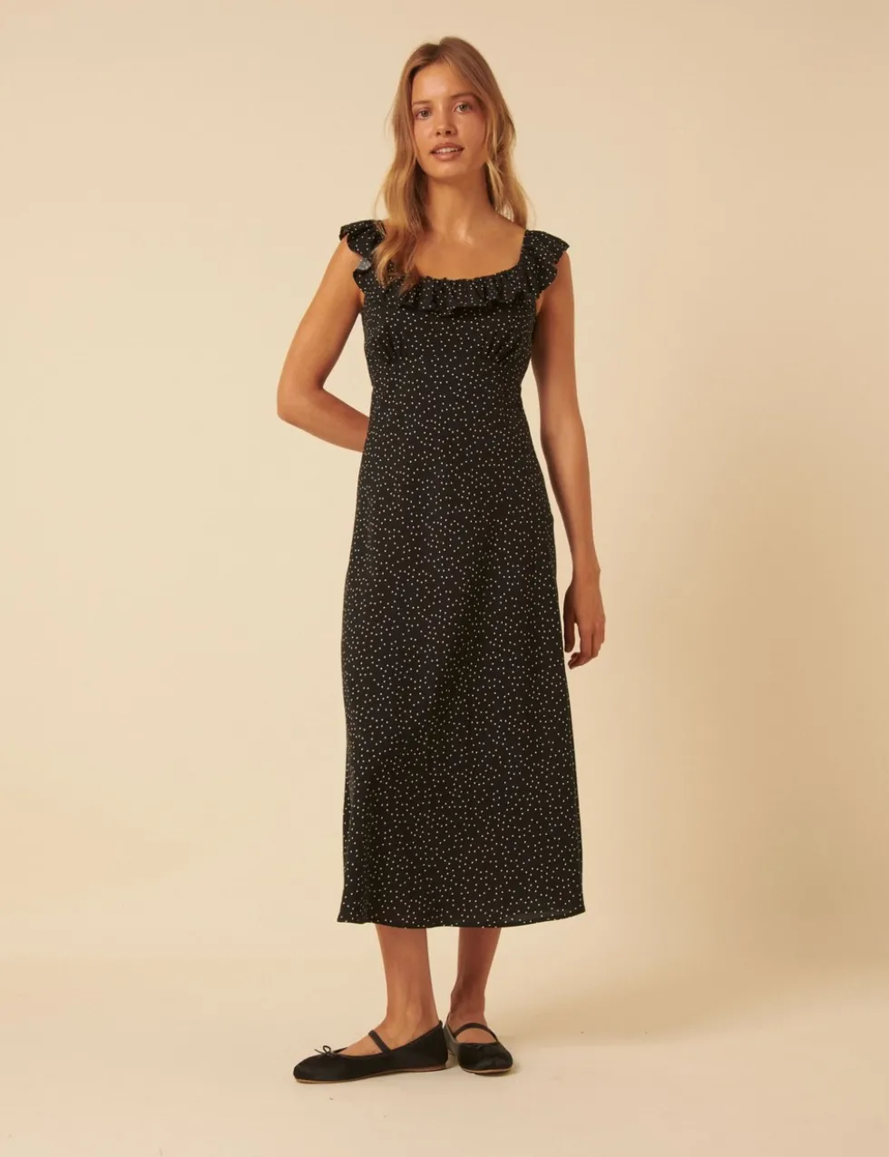 Polka Dot Ruffle Neck Midi Slip Dress