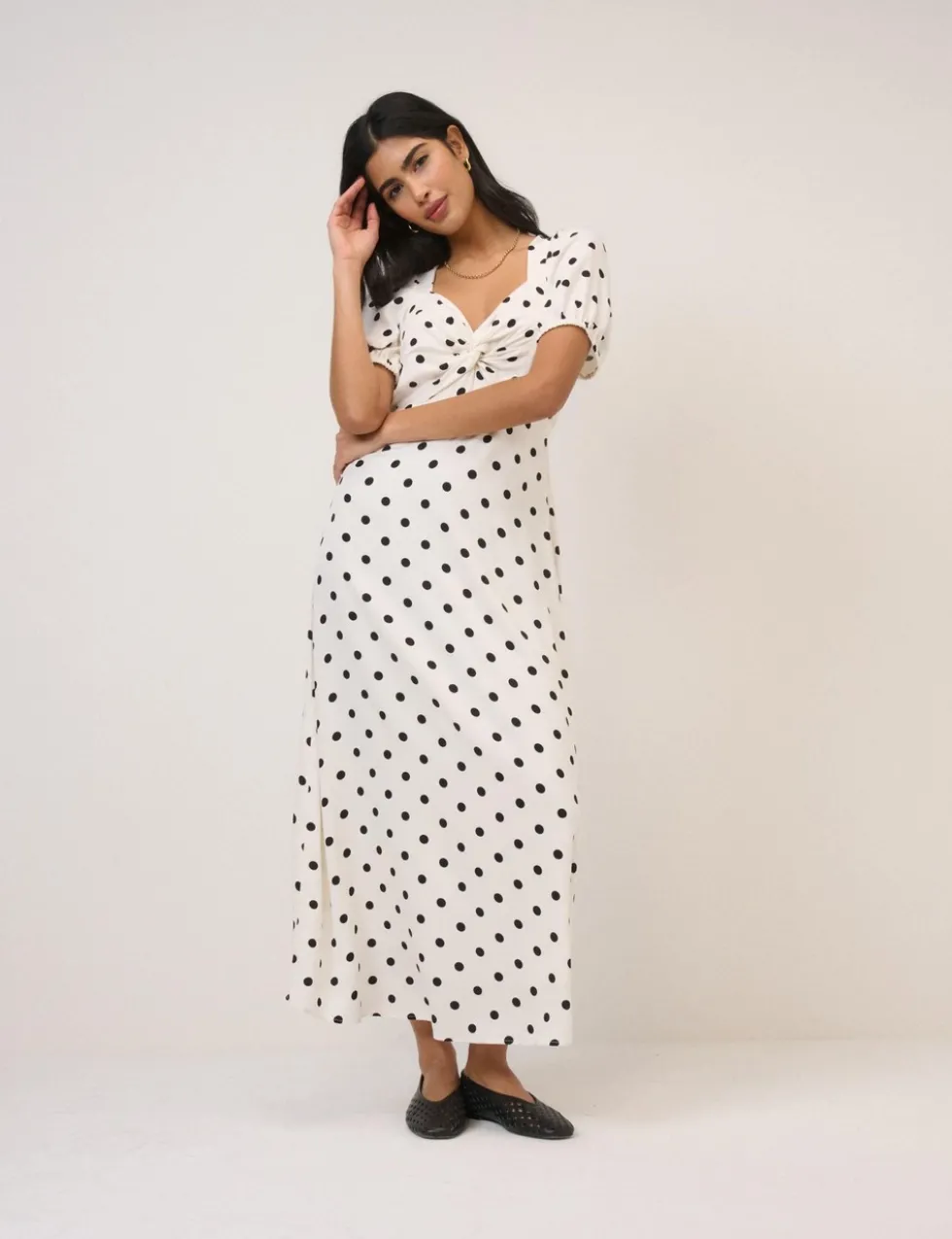 Polka Dot Sweetheart Neckline Midi Dress