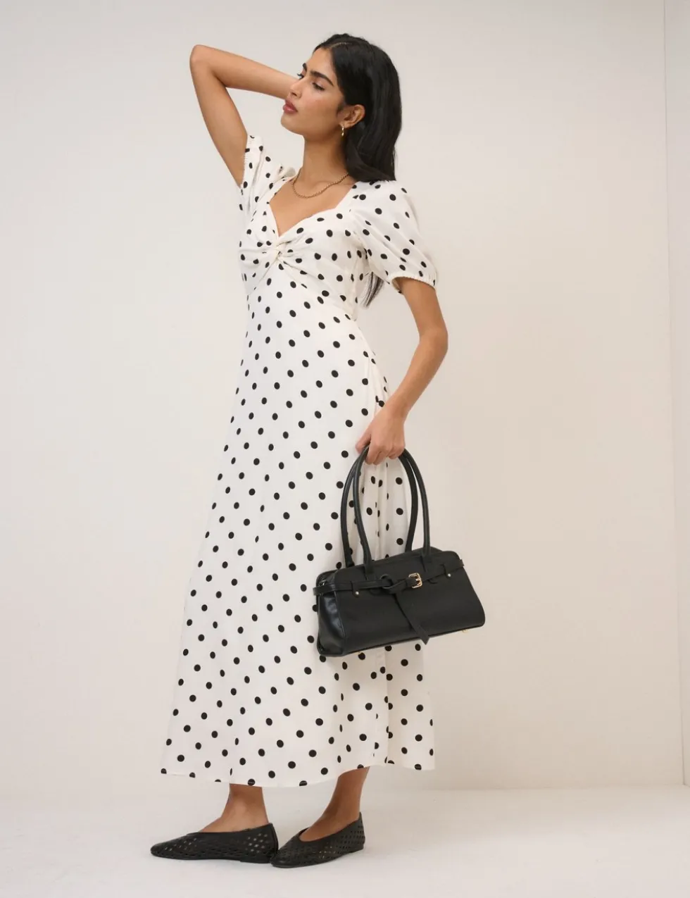 Polka Dot Sweetheart Neckline Midi Dress