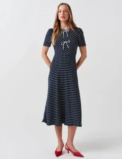 Polka Dot Tie Detail Midi Tea Dress