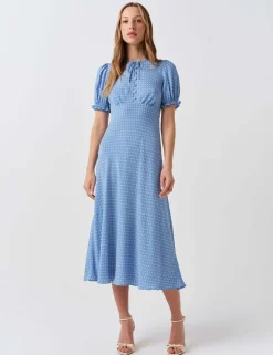 Polka Dot Tie Neck Midi Tea Dress