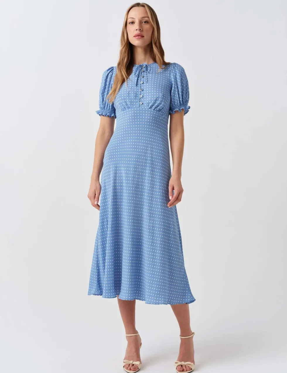 Polka Dot Tie Neck Midi Tea Dress