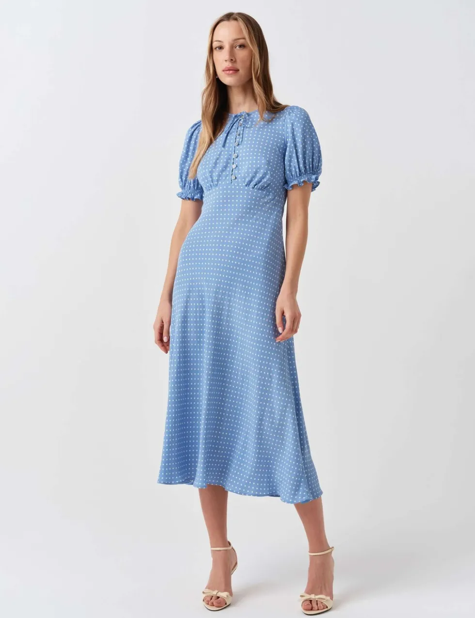 Polka Dot Tie Neck Midi Tea Dress