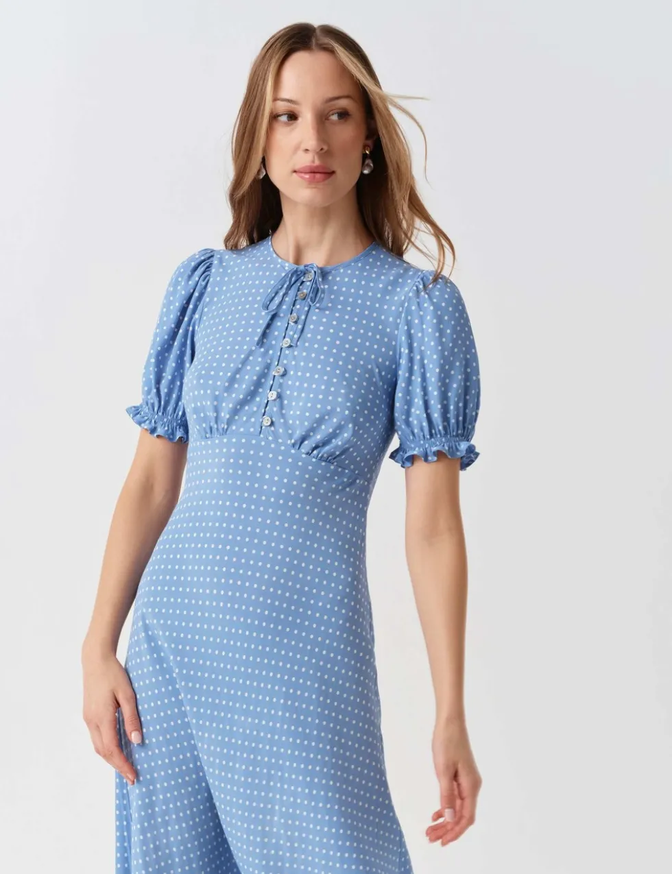Polka Dot Tie Neck Midi Tea Dress