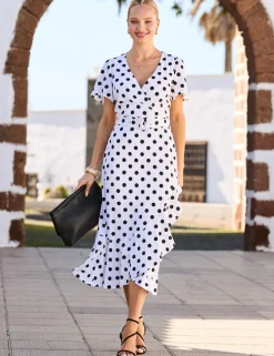Polka Dot V-Neck Belted Midi Wrap Dress