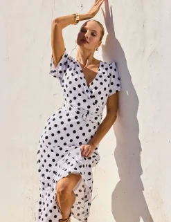 Polka Dot V-Neck Belted Midi Wrap Dress