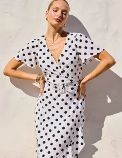 Polka Dot V-Neck Belted Midi Wrap Dress