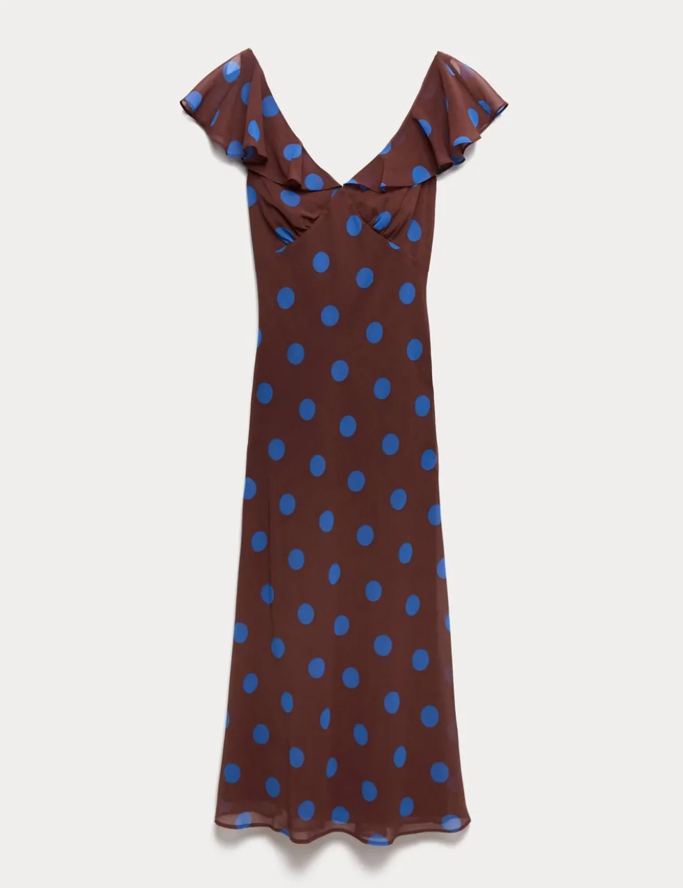 Polka Dot V-Neck Frill Sleeve Midi Column Dress