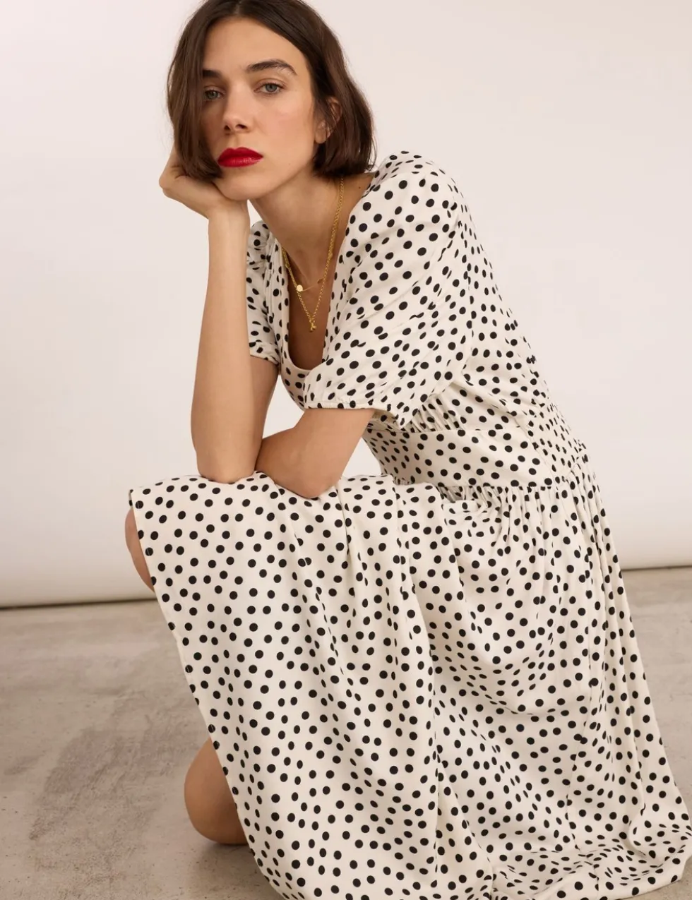 Polka Dot V-Neck Midi Waisted Dress
