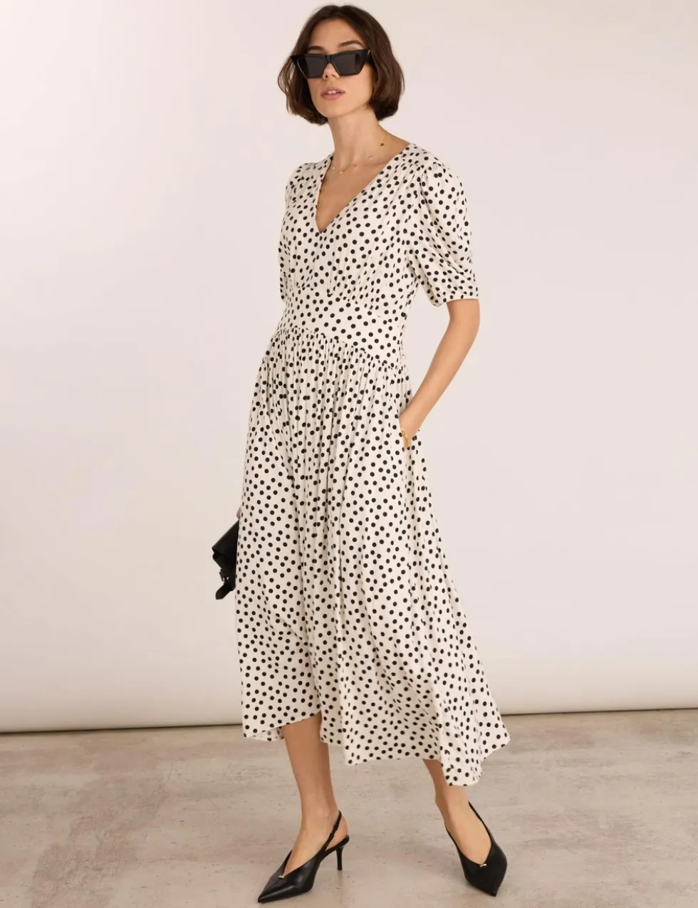 Polka Dot V-Neck Midi Waisted Dress