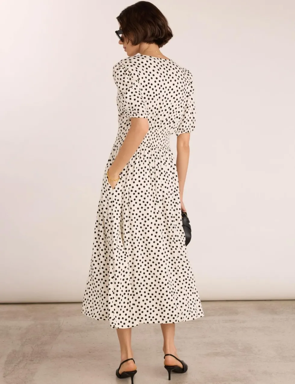 Polka Dot V-Neck Midi Waisted Dress