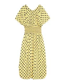 Polka Dot V-Neck Shirred Midi Waisted Dress
