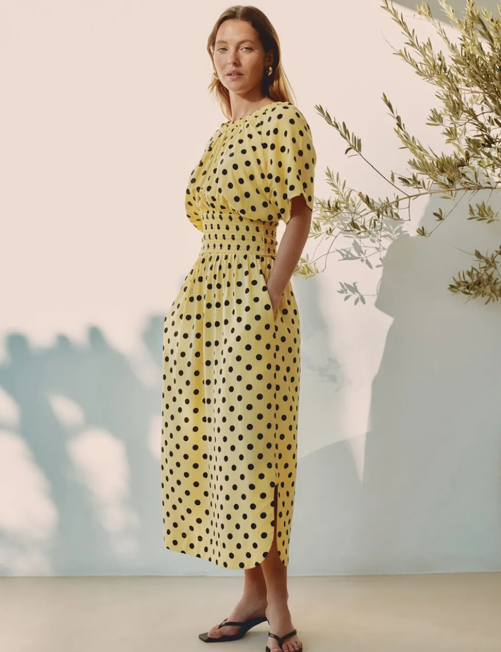 Polka Dot V-Neck Shirred Midi Waisted Dress