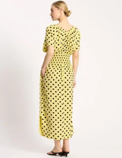 Polka Dot V-Neck Shirred Midi Waisted Dress