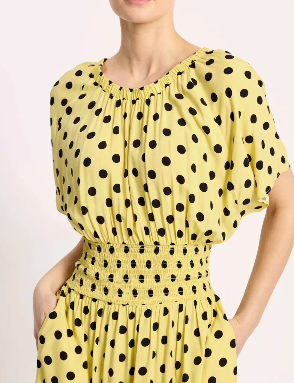 Polka Dot V-Neck Shirred Midi Waisted Dress
