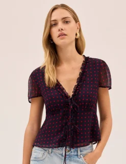 Polka Dot V-Neck Tie Detail Blouse