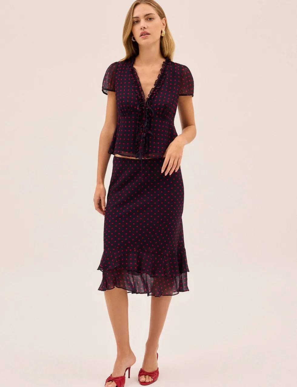 Polka Dot V-Neck Tie Detail Blouse