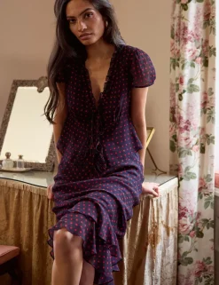 Polka Dot V-Neck Tie Detail Blouse