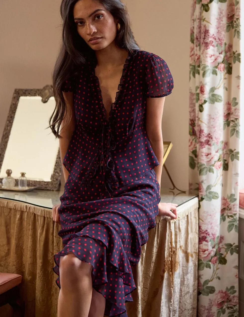 Polka Dot V-Neck Tie Detail Blouse