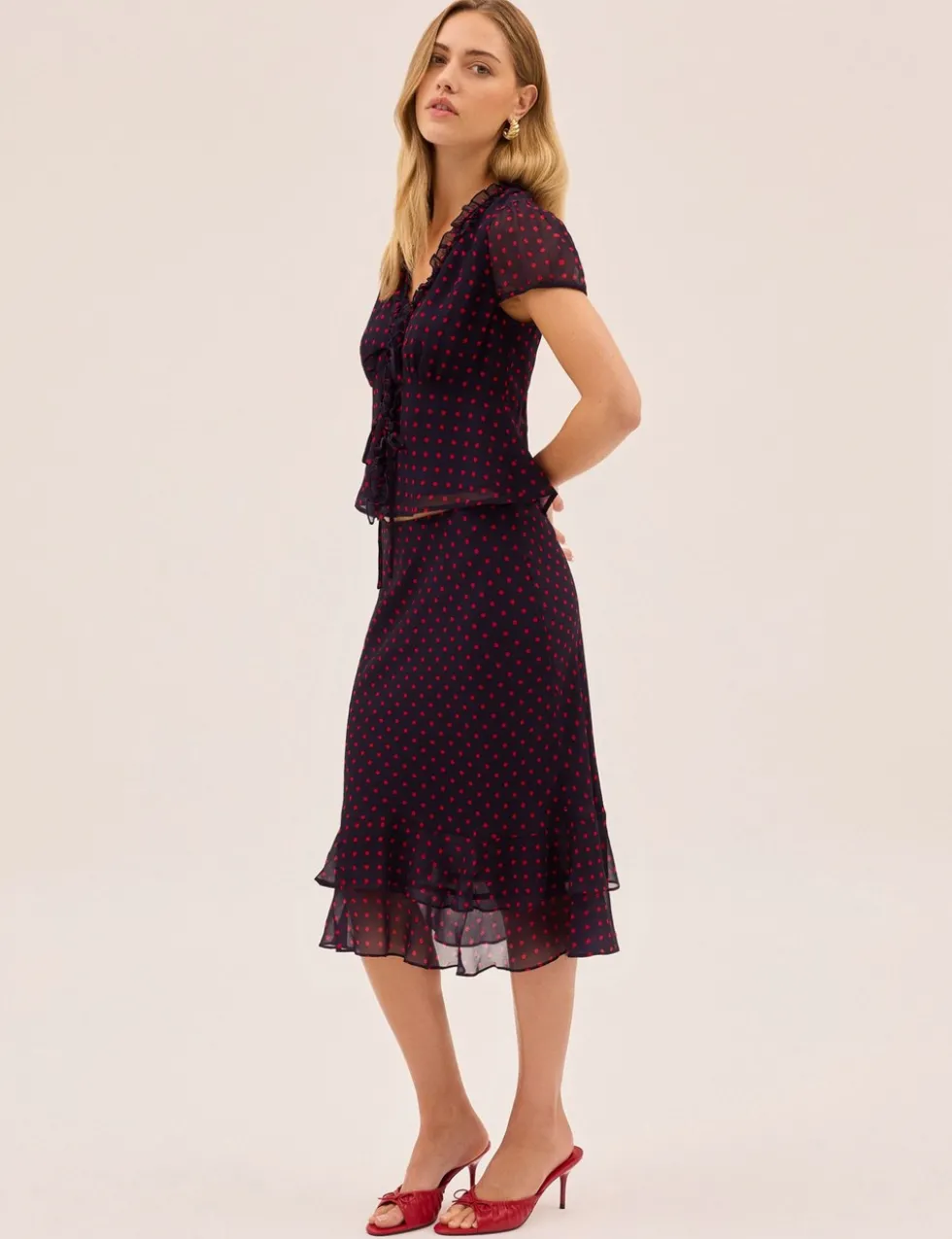 Polka Dot V-Neck Tie Detail Blouse