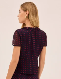 Polka Dot V-Neck Tie Detail Blouse