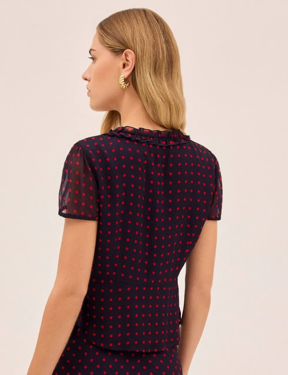 Polka Dot V-Neck Tie Detail Blouse