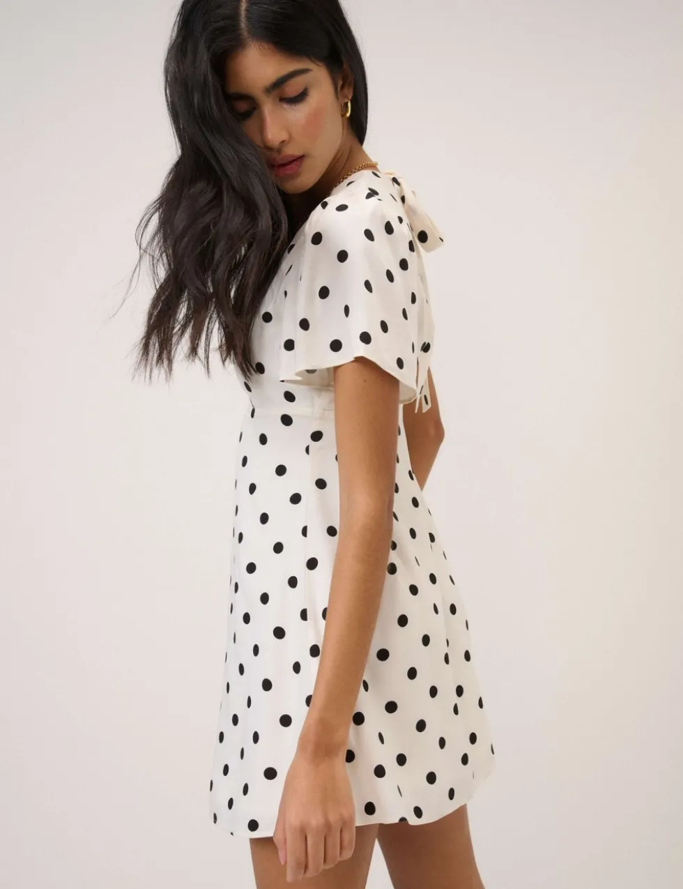 Polka Dot V-Neck Tie Detail Mini Tea Dress