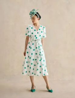 Polka Dot V-Neck Tie Waist Midi Skater Dress