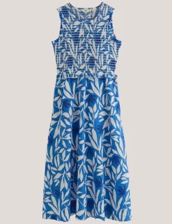 Poloma Leaf Print Midi Shirred Dress