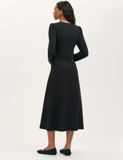 Ponte Jersey V-Neck Midi Waisted Dress