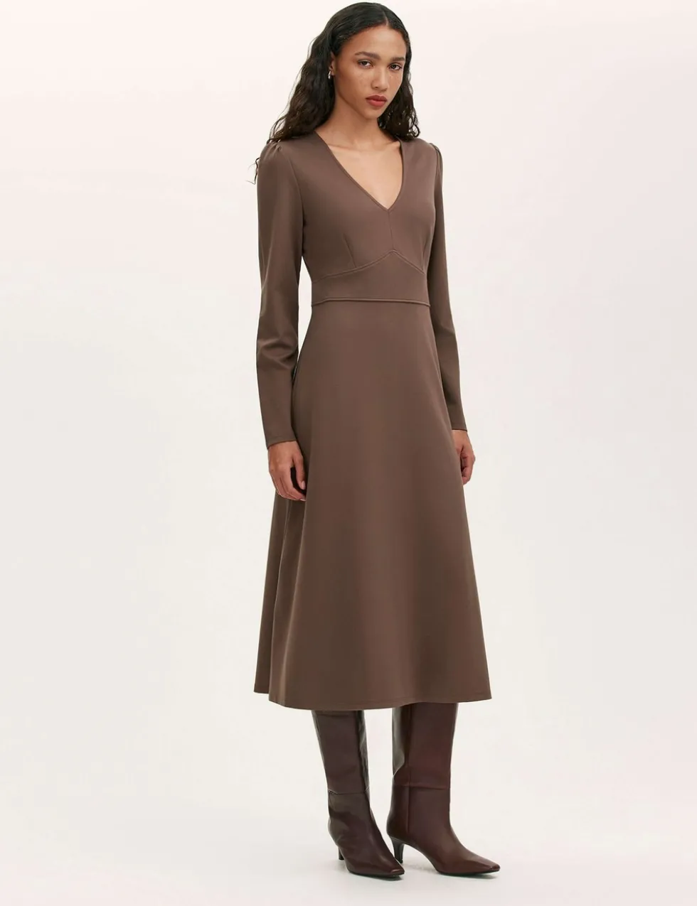 Ponte Jersey V-Neck Midi Waisted Dress