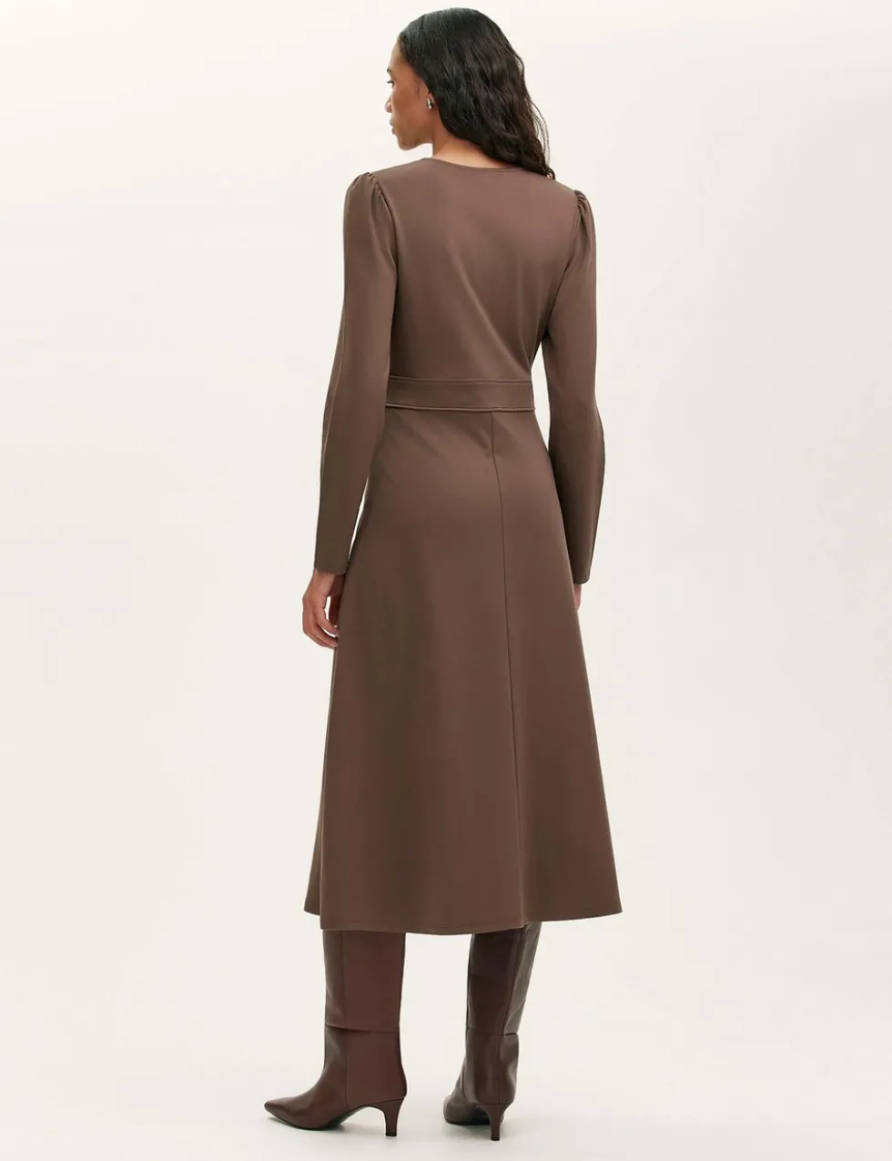 Ponte Jersey V-Neck Midi Waisted Dress