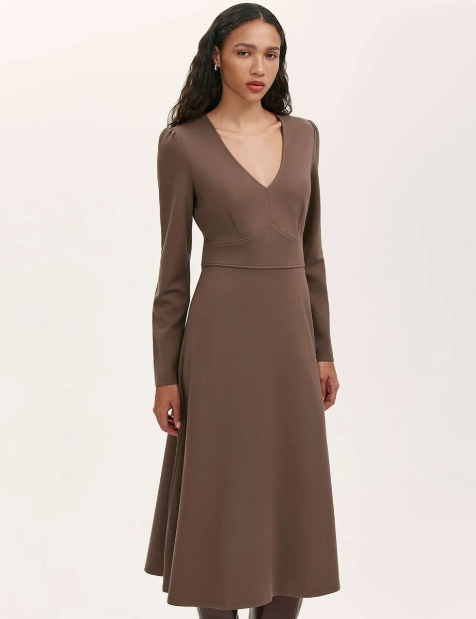 Ponte Jersey V-Neck Midi Waisted Dress