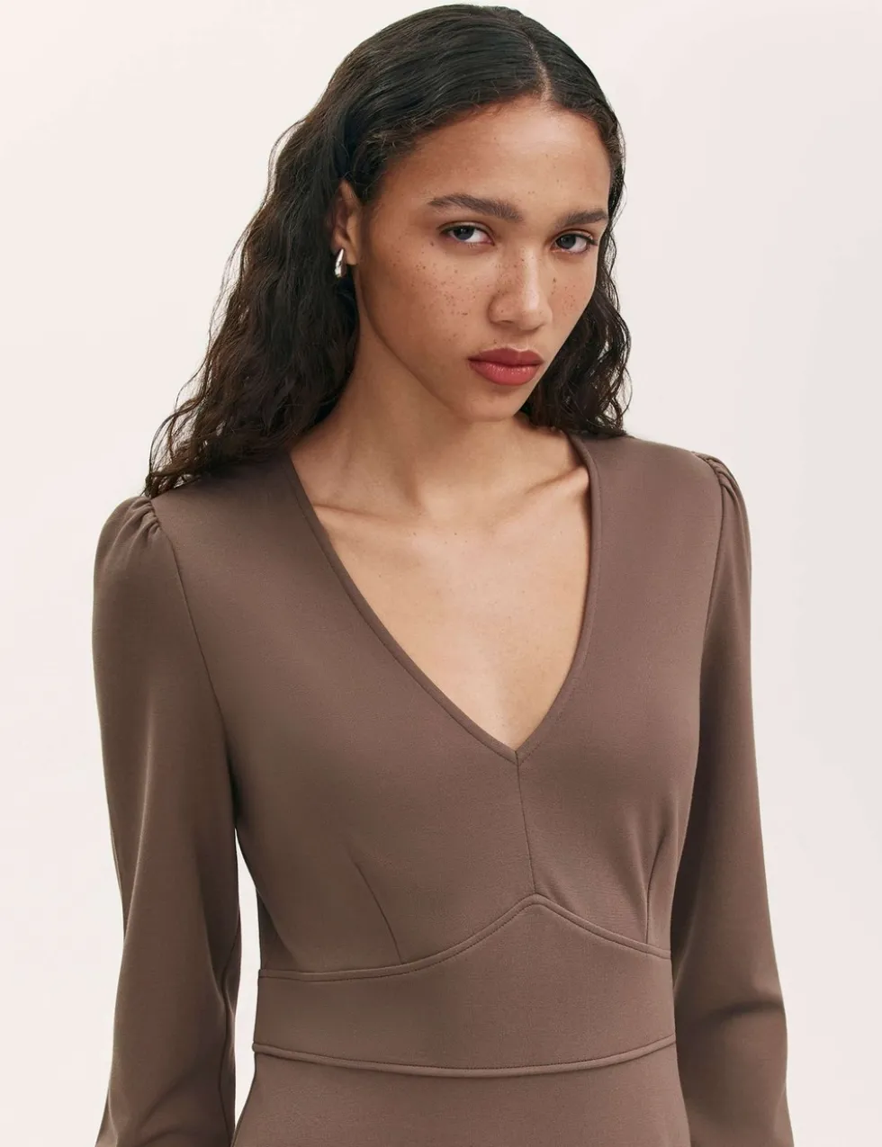 Ponte Jersey V-Neck Midi Waisted Dress