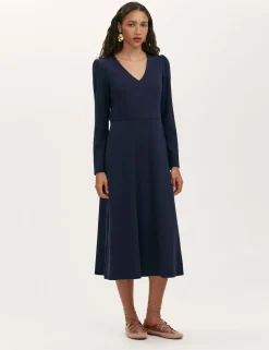 Ponte Jersey V-Neck Midi Waisted Dress