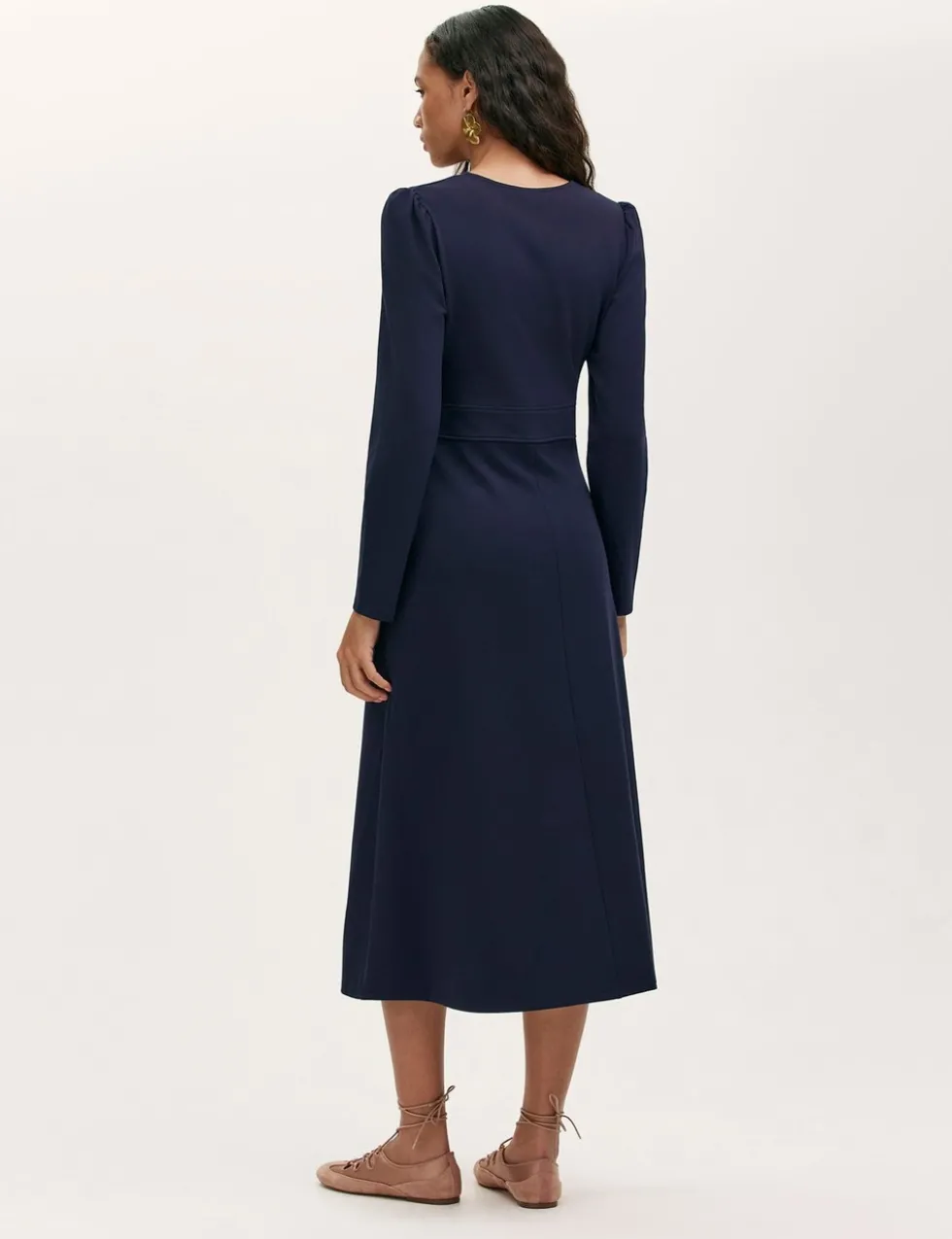 Ponte Jersey V-Neck Midi Waisted Dress