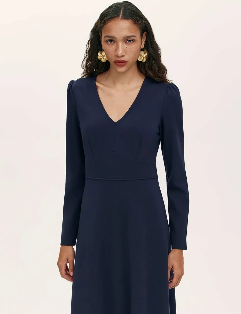 Ponte Jersey V-Neck Midi Waisted Dress