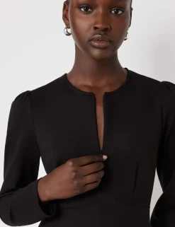 Ponte Jersey Zip Neck Midi Waisted Dress