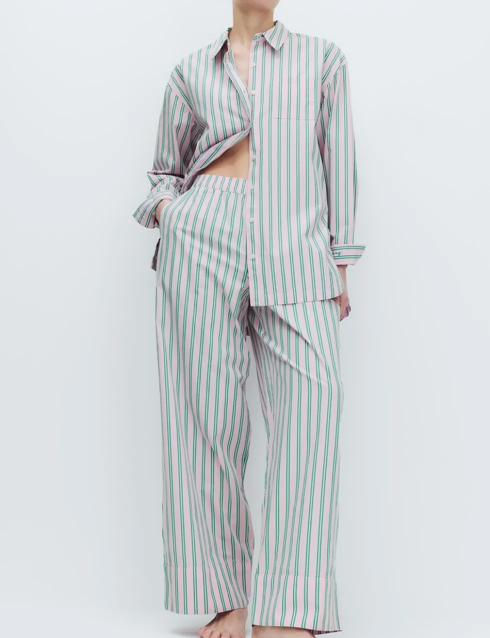 Poplin Striped Wide Leg Pyjama Bottoms