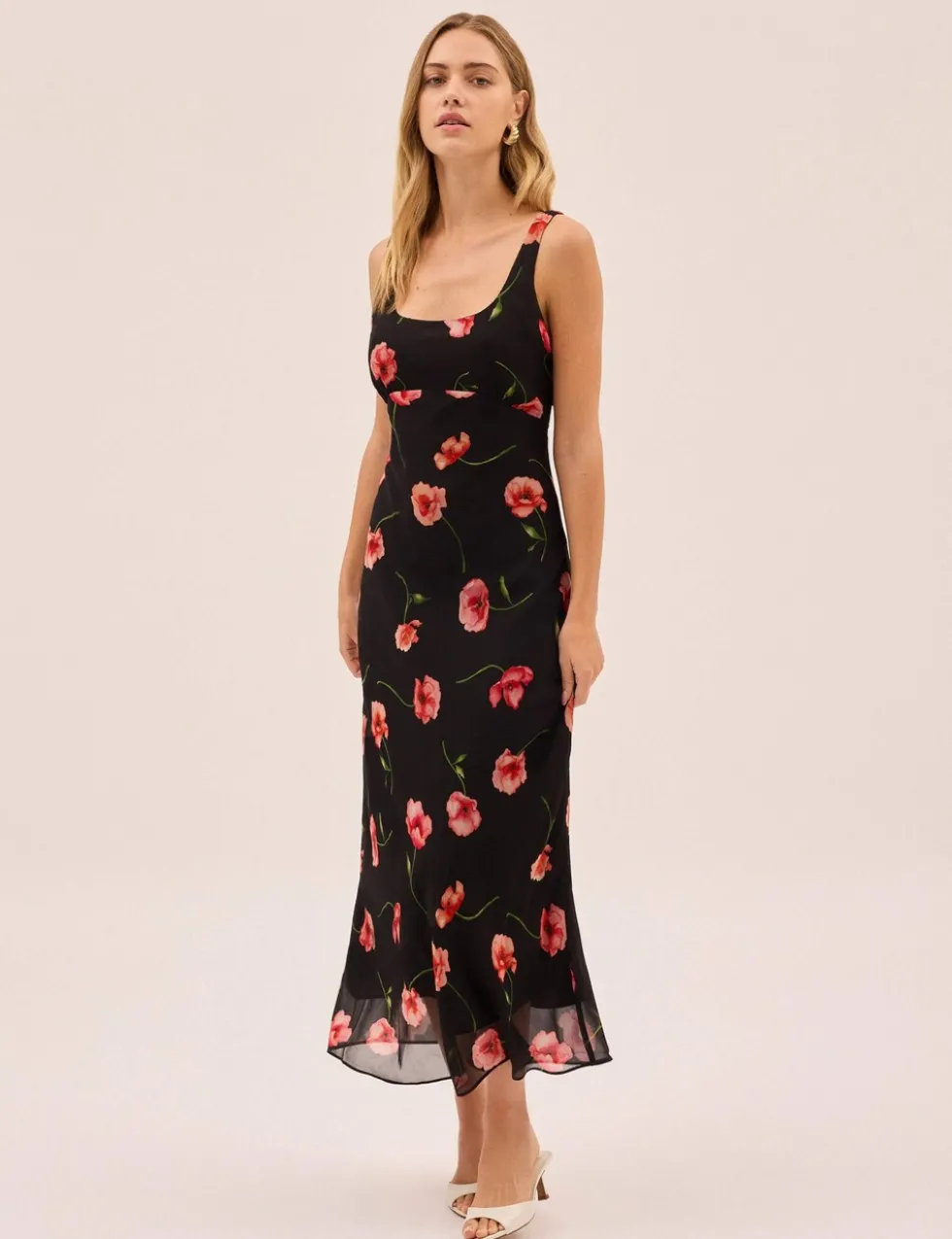 Poppy Print Scoop Neck Midi Tea Dress