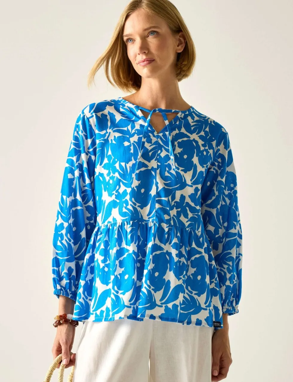 Primden Cotton Rich Tie Neck Blouse With Linen