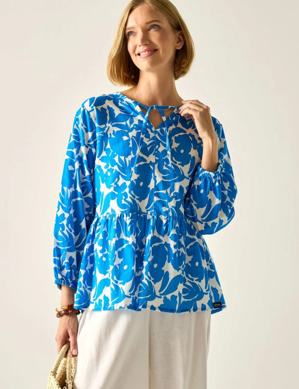 Primden Cotton Rich Tie Neck Blouse With Linen