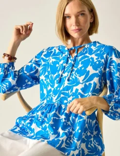 Primden Cotton Rich Tie Neck Blouse With Linen